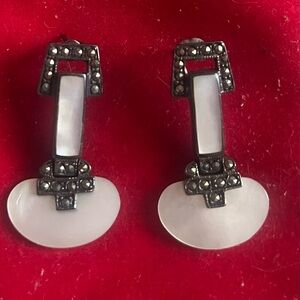 Vintage Sterling Silver & Mother of Pearl Marcasite Pierced Earrings